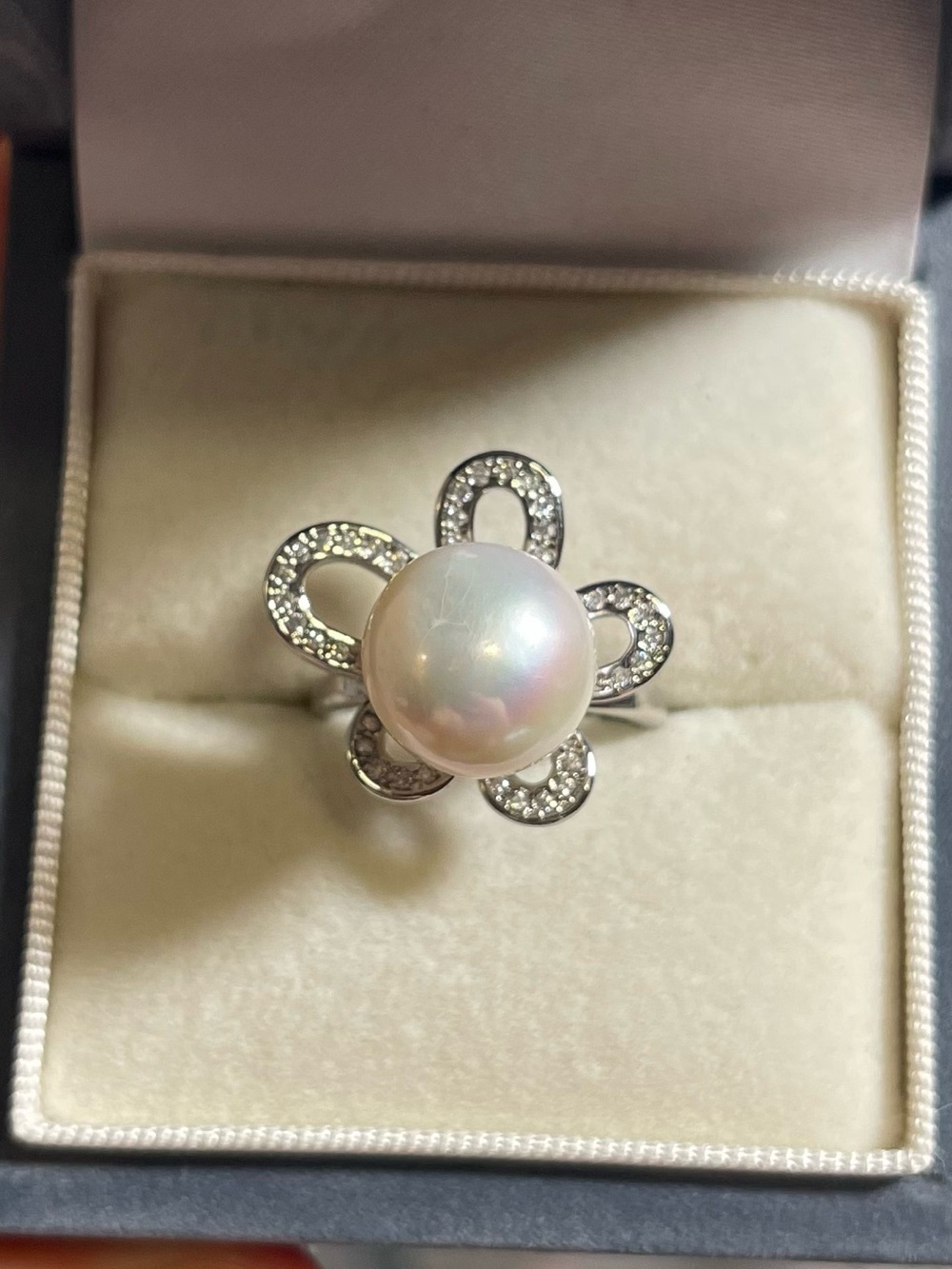 Elegant Genuine Pearl Flower Ring with Pavé Accents